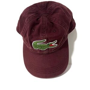 Lacoste VTG Hat Cap Strap Back Burgundy Big Croc Mens Garbadine Preppy Adjusts